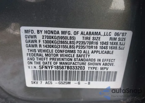 2007 Honda Pilot Ex-L из США, поврежденный, VIN 5FNYF18587B033203